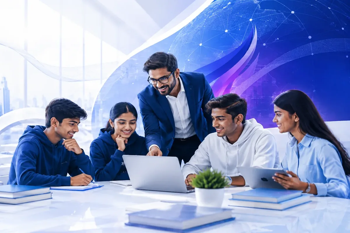 A mentor helping learners connect knowledge with wider opportunity